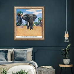 «African elephant in his native haunts» в интерьере классической спальни с темными стенами