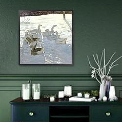 «Geese Against the Light» в интерьере прихожей в зеленых тонах над комодом