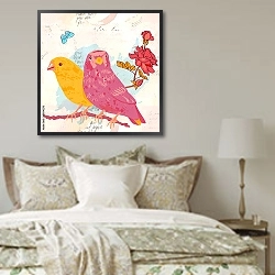 «Винтажная открытка с птицами, розами и бабочкой» в интерьере гостиной в стиле прованс