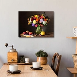 «Осенний натюрморт с цветами и фруктами» в интерьере кухни над обеденным столом с кофемолкой
