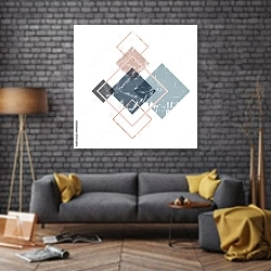 «Абстрактная композиция декоративных геометрических форм с гранж-текстурой 7» в интерьере в стиле лофт над диваном