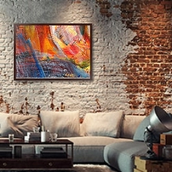 «Абстрактная картина #34» в интерьере гостиной в стиле лофт с кирпичной стеной