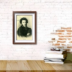 «Alexander Sergeyevich Pushkin» в интерьере кабинета с кирпичными стенами над столом с книгами