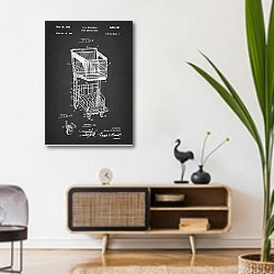 «Патент на тележку для магазинов, 1953г» в интерьере комнаты в стиле ретро над тумбой