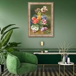 «Roses, Poppy and Pelargonia» в интерьере гостиной в зеленых тонах