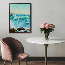 «Морской пейзаж с бирюзовыми волнами» в интерьере в классическом стиле над креслом