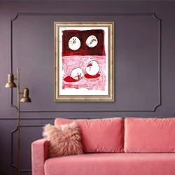 «Birds on Black and White on Red» в интерьере гостиной с розовым диваном