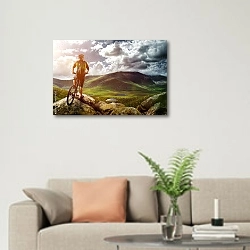 «Велосипедист в горах» в интерьере современной светлой гостиной над диваном