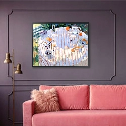 «In the Garden, Table with Oranges» в интерьере гостиной с розовым диваном
