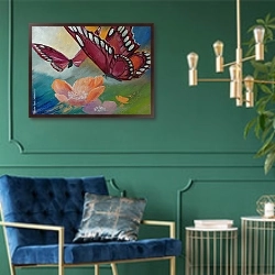 «Бабочки над луговыми цветами» в интерьере в классическом стиле с зеленой стеной