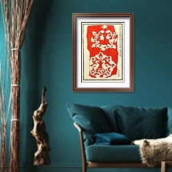«Chinese prints pl.32» в интерьере зеленой гостиной в этническом стиле над диваном