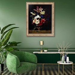 «Still life with flowers 1» в интерьере гостиной в зеленых тонах