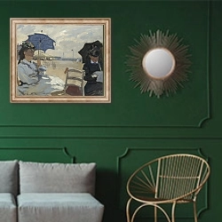 «Пляж в Трувиле 3» в интерьере классической гостиной с зеленой стеной над диваном