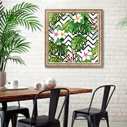 «Экзотический узор с тропическими листьями и цветами» в интерьере столовой в скандинавском стиле с кирпичной стеной