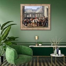 «The Duke of Orleans Leaves the Palais-Royal and Goes to the Hotel de Ville on 31st July 1830, 1832» в интерьере гостиной в зеленых тонах