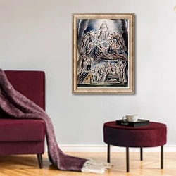 «Illustrations of the Book of Job, pl.3: Satan before the throne of God, after William Blake» в интерьере гостиной в бордовых тонах