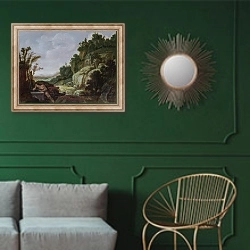 «Горный пейзаж с Нарциссом» в интерьере классической гостиной с зеленой стеной над диваном