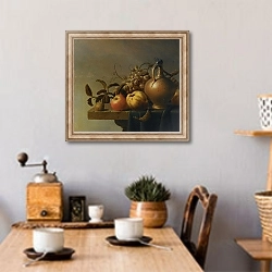 «Still Life With A Ewer And Some Fruit On A Partly-Draped Stone Ledge» в интерьере кухни над обеденным столом с кофемолкой