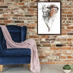 «Beautiful Female Elephant, Loisaba, 2018,» в интерьере в стиле лофт с кирпичной стеной и синим креслом