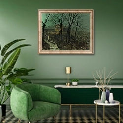«Девушка на дорожке» в интерьере гостиной в зеленых тонах