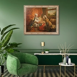 «Madame de Pompadour in the role of fortuneteller» в интерьере гостиной в зеленых тонах