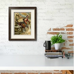 «Барон Мюнхгаузен на лошади у фонтана» в интерьере кабинета с кирпичной стеной