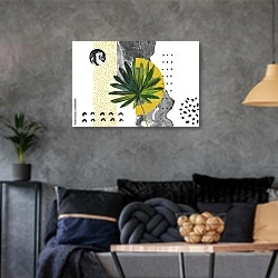«Абстракция с тропическим листом» в интерьере гостиной в стиле лофт в серых тонах