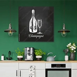 «Бутылка шампанского и бокал» в интерьере кухни с зелеными стенами