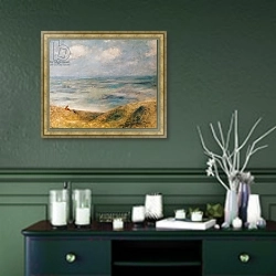 «View of the Sea, Guernsey» в интерьере прихожей в зеленых тонах над комодом