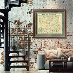 «Карта: Россия в Европе №15, 1827 г. 1» в интерьере двухярусной гостиной в стиле лофт с кирпичной стеной