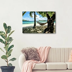 «Гамак на тропическом пляже» в интерьере современной светлой гостиной над диваном