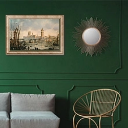 «View of the Houses of Parliament from the River Thames» в интерьере классической гостиной с зеленой стеной над диваном