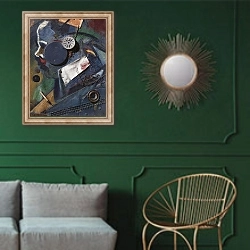 «Merzbild 1A, 1919, by Kurt Schwitters, oil, assemblage and collage on canvas, 48x38 cm. Germany, 20th century.» в интерьере классической гостиной с зеленой стеной над диваном