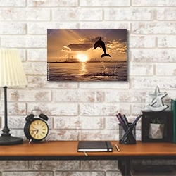 «Прыжок дельфина на закате» в интерьере кабинета в стиле лофт над столом
