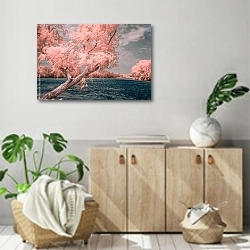 «Розовое дерево у реки» в интерьере современной комнаты над комодом