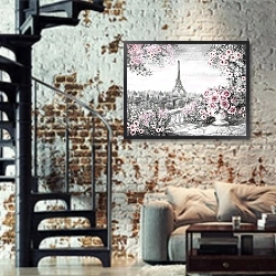 «Вид на Эйфелеву башню в серо-розовых тонах» в интерьере кабинета в стиле лофт с кирпичными стенами