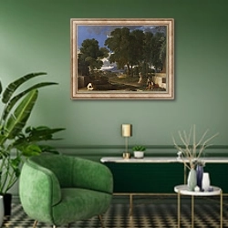 «Пейзаж с мужчиной, омывающим ноги в фонтане» в интерьере гостиной в зеленых тонах