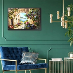 «Дом с аркой у моря» в интерьере зеленой гостиной над диваном