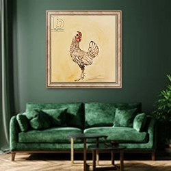 «Lacewing chicken, 2016, 9oil on canvas)» в интерьере зеленой гостиной над диваном