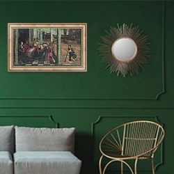«Девы и Лазарь» в интерьере классической гостиной с зеленой стеной над диваном