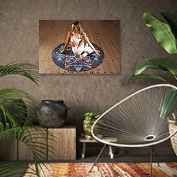 «Девушка в позе йоги на коврике» в интерьере комнаты в этническом стиле
