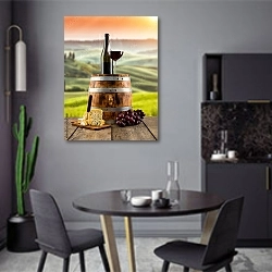 «Красное вино на деревянной бочке, на фоне виноградника» в интерьере современной кухни в серых цветах
