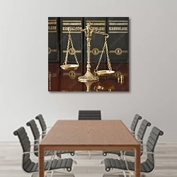 «Правовые весы» в интерьере конференц-зала над столом для переговоров