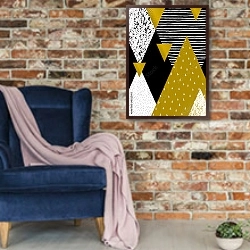 «Абстрактная геометрическая композиция 21» в интерьере в стиле лофт с кирпичной стеной и синим креслом