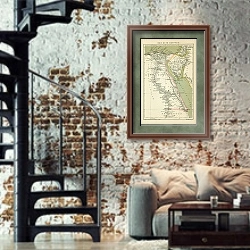 «Карта Древнего Египта» в интерьере двухярусной гостиной в стиле лофт с кирпичной стеной