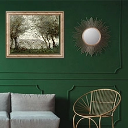 «The Pond at Ville-d'Avray through the Trees, 1871» в интерьере классической гостиной с зеленой стеной над диваном