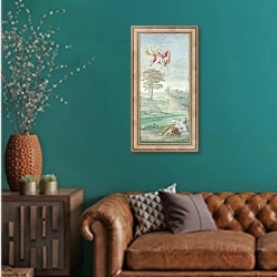 «Аполлон, убивающий Карониду» в интерьере гостиной с зеленой стеной над диваном