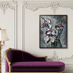 « Натюрморт с фиолетовыми цветами магнолии» в интерьере в классическом стиле над банкеткой