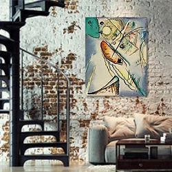 «Ohne Titel» в интерьере двухярусной гостиной в стиле лофт с кирпичной стеной