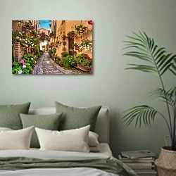 «Италия, Умбрия. Цветочная улица №4» в интерьере современной спальни в зеленых тонах